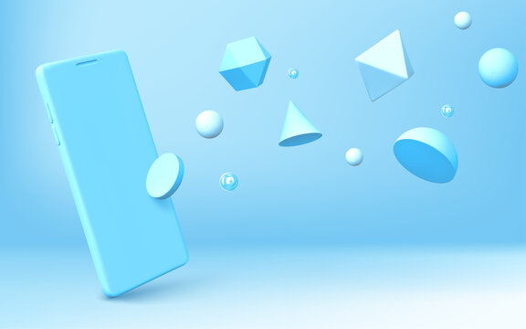 Abstract background with realistic smartphone mockup and geometric 3d shapes scatter on blue backdrop. Hemisphere, octahedron, sphere, cone, cylinder and icosahedron with vector mobile phone rendering