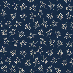 Elegant hand drawn Christmas seamless pattern with golden mistletoe and dark blue background. Winter design for textile, wrapping paper or scarpbooking. Tile vector illustration background.