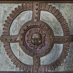 San Francisco Church and Convent, Front door, Detail representing an indigenous face, Quito, Pichincha Province, Ecuador, Unesco World Heritage Site