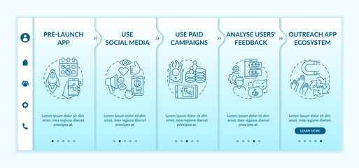 App marketing tips onboarding vector template. Use paid campaigns. Analyse users experience feedback. Responsive mobile website with icons. Webpage walkthrough step screens. RGB color concept