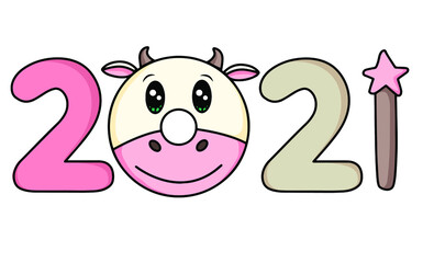 New Year 2021. Colorful design. Year of the cow, bull. Sweet Christmas donuts. Happy new year winter card with sweets. Vector illustration of a sweet holiday mouse. Merry Christmas.