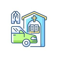 Drive through prayer booth RGB color icon. Car near small church. Chapel services for driver. Religious confession. Christianity, catholicism. Religion and spirituality. Isolated vector illustration