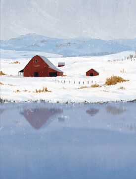 Painterly style illustration of a snowy winter landscape, a red barn covered in snow in front of a lake. Portrait version (vertical format).