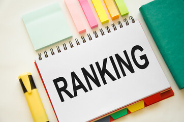 the word rating is written on a notebook and a white background. the concept of rating firms, managers, best businessmen.