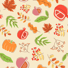 Seasonal harvest abstract seamless pattern. Dried golden leaves. Geometric flat vector shapes. Pumpkin, fig, pomegranate texture with cartoon color icons. Decorative boho design with graphic elements
