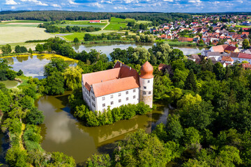 Aerial view, Neuhaus moated castle, Adelsdorf municipality, Bavaria, Germany