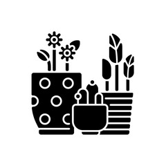 Flower planters black glyph icon. Houseplants and outdoor plants. Planting bowls, vases. Flowering containers. Gardening at home. Silhouette symbol on white space. Vector isolated illustration