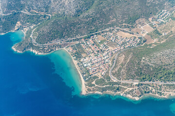 Aerial view over Ahmetbeyli coastal resort town in Izmir province in Turkey.