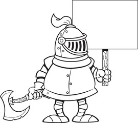 Black and white illustration of a knight wearing a helmet while holding a sign and a battle axe.
