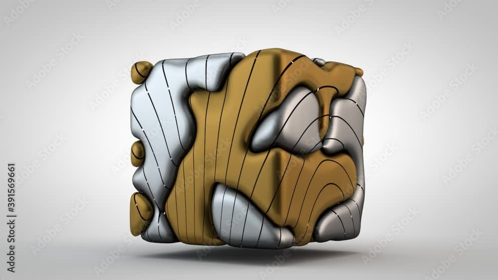 Poster 3d animation of an abstract cube consisting of two metals in a liquid state, constantly changing the