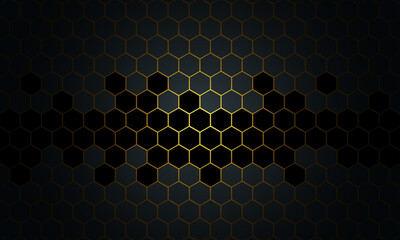 Abstract black and gold honeycomb on dark background.