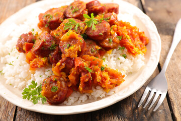 rougail sausage- fried sausage with tomato sauce and spices
