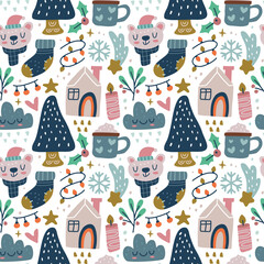 kawaii cute Christmas seamless pattern background. Can use for fabric etckawaii cute Christmas seamless pattern in scandinavian style. Can use for fabric etc