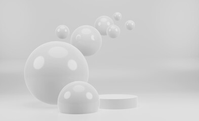 3d mock up white minimalistic podium for product presentation. Exhibition lightroom with abstract flying shining spheres and podium. 3D rendering