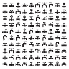 big set of industrial valve, faucet and hydrant  glyph icons vector