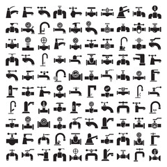 big set of industrial valve, faucet and hydrant  glyph icons vector