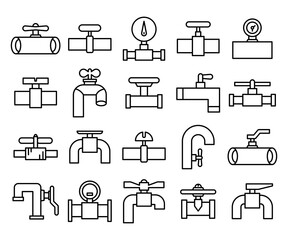valve, faucet and hydrant pipe line icons line design