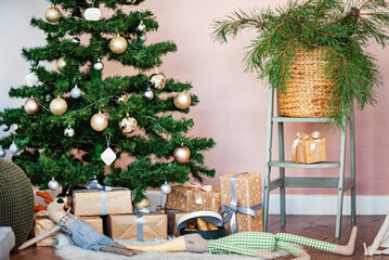 Christmas tree with presents and toys