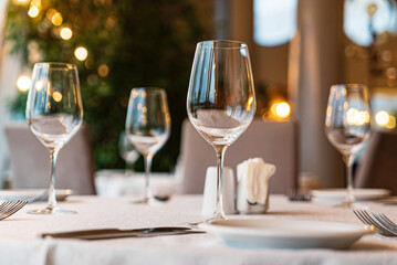  Served dinner table in a restaurant. Restaurant interior