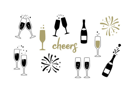 Champagne glass and bottle. Celebration party. Cheers. Vector