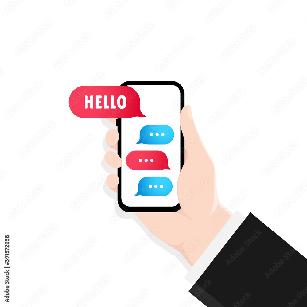 Poster hand holding smartphone with dialog window illustration. hello message. bubble speech. dialogues moc