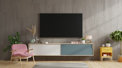 Tv on cabinet the in modern living room the concrete wall.