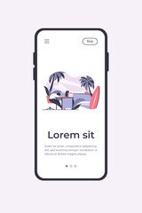 Tired office employee sleeping at workplace and dreaming of ocean beach with surfboard. Vector illustration for burnout, vacation, travel, holiday concept