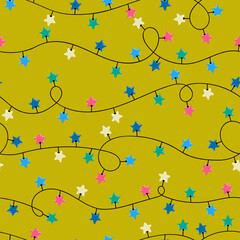 Vector modern colorful seamless background with illustrations of twinkle lights Christmas decorations. Use it for wallpaper, textile print, pattern fills, web page, surface textures, wrapping paper