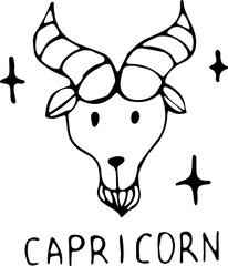 Vector illustration of the zodiac sign Capricorn in the power of Doodle, black outline on an isolated white background. The concept of astrology, mysticism, divination, horoscopes. Can be used for