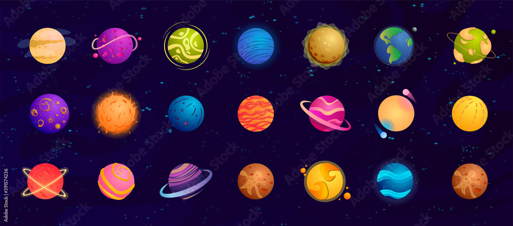 Poster big set of colorful cartoon planets. fantasy abstract space objects vector illustration collection. 