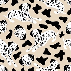 Vector seamless pattern dalmatians and black spots. Cute dogs illustration for fabric, textile, background, wallpaper