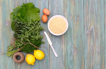 Ingredients for cooking dolma from grape leaves