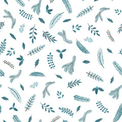 Fototapeta premium Vector modern seamless pattern with colorful hand draw illustration of Christmas plants. Use it for wallpaper, textile print, fills, web page, surface textures, wrapping paper, design of presentation