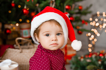 Cute baby Santa sits at home near the Christmas tree with gifts