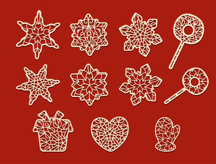 Carved openwork decorations for cutting out of paper or on a plotter. Hand, snowflakes, candy, gift, heart - obrazy, fototapety, plakaty