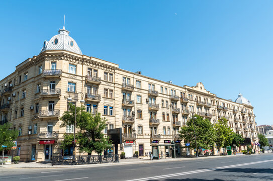 Baku, Azerbaijan &ndash; July 26, 2020. Five-floor housing block, known as the Beshmertebe building, in Baku, Azerbaijan