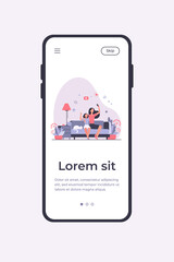 Mom and daughter leisure concept. Teen girl and her mother sitting on couch at home, using smartphone for video call or taking selfie. Can be used for family, mobile technology topics
