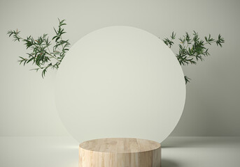 Background 3d rendering with podium and leaves, white scene, minimal abstract background 3d rendering 