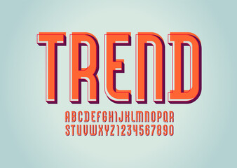 Orange font, alphabet sans serif, abstract condensed trendy letters and numbers with shift, vector illustration 10EPS