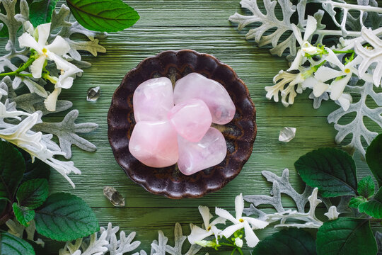 Rose Quartz and Clear Quartz Points with Jasmine Flowers and Foliage