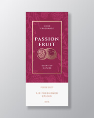 Passion Fruit Home Fragrance Abstract Vector Label Template. Hand Drawn Sketch Flowers, Leaves Background and Retro Typography. Premium Room Perfume Packaging Design Layout. Realistic Mockup. Isolated