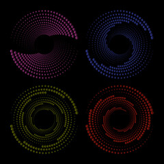 Abstract circular dots colorful halftone disco background, swirling twisted vortex, vibrant party lights, vector illustration