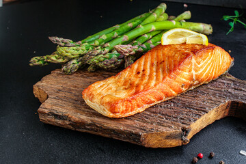 salmon fish fried bbq grill seafood meal tasty serving size top view copy space food background rustic diet pescetarian