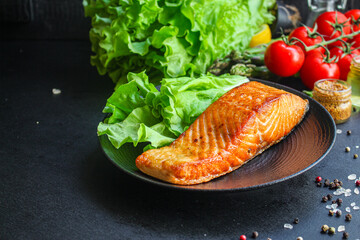 salmon fish fried bbq grill seafood meal tasty serving size top view copy space food background rustic diet pescetarian