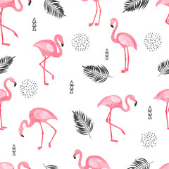 Seamless flamingo bird pattern. Vector background with watercolor flamingos and tropical leaves.	