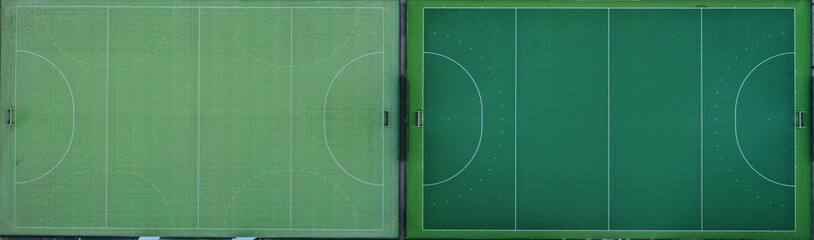 Aerial view of two sport fields with artificial grass in different colors used for field hockey or...