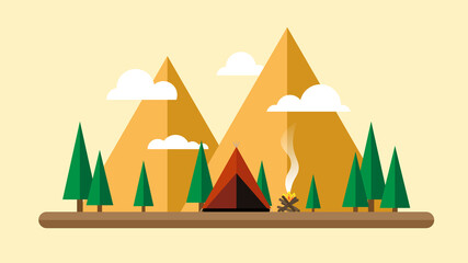 Camping cartoon illustration  , flat design landscape during a sunny day with mountain , tent and campfire . Camping 