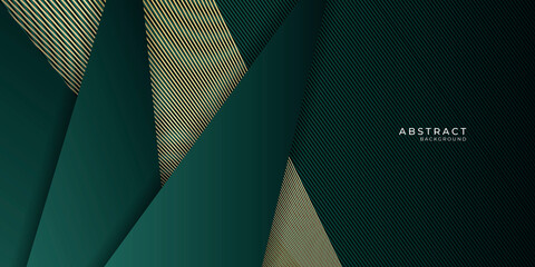 Green gold abstract presentation background with 3d triangles and golden stripes lines