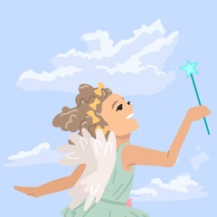 Girl dressed as a fairy, little angel flies in the sky, a little sorceress in the clouds. Vector character illustration. Cartoon style.