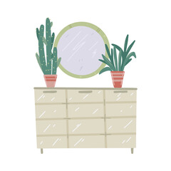 Commode with mirror and home plants. Vector handdrawn illustration.